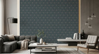 Detailed dark blue wallpaper featuring a repeating vintage damask design