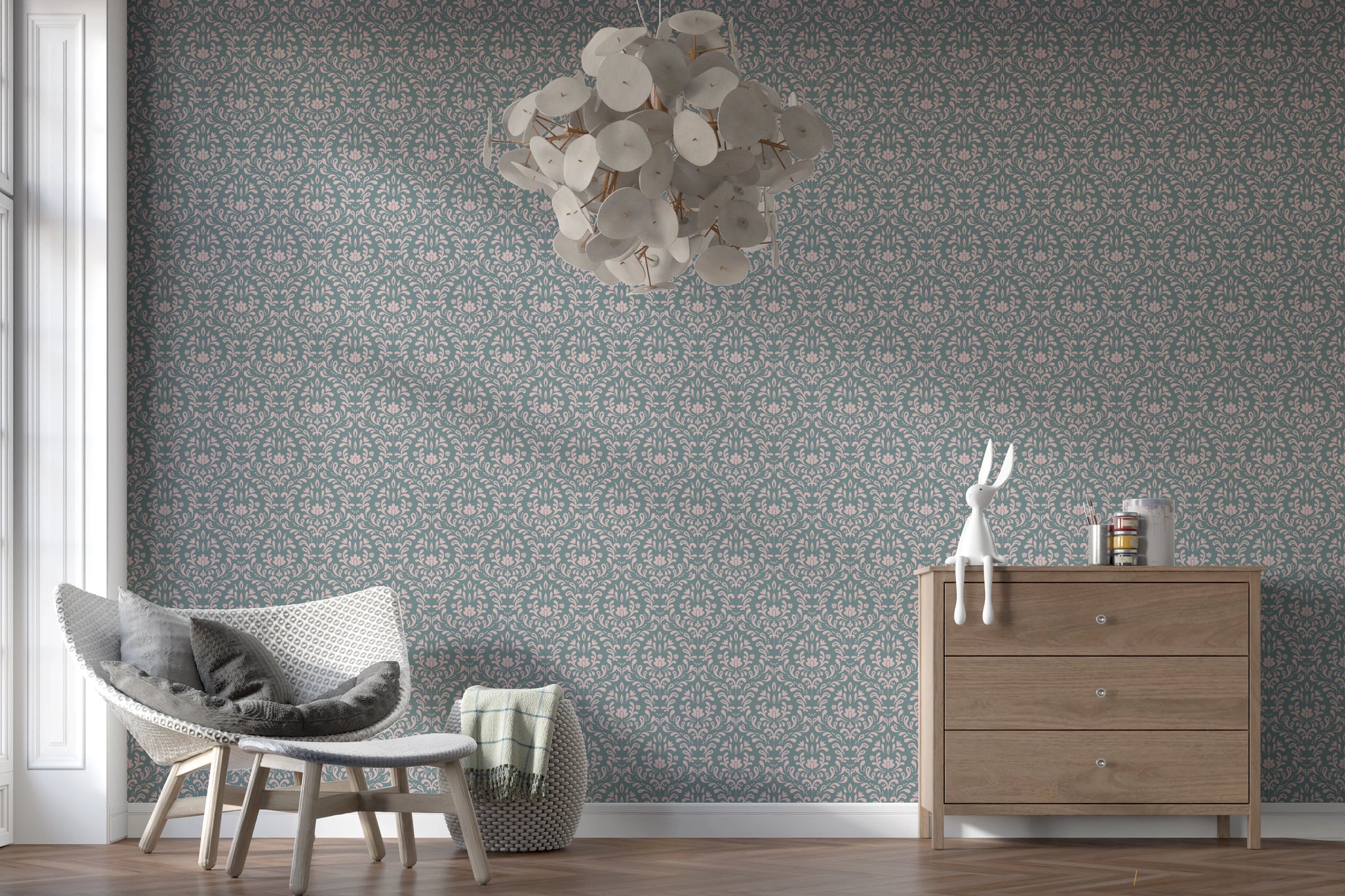 VINTAGE TEAL DAMASK Wallpaper for a traditional feature wall
