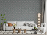 Elegant teal wallpaper featuring a repeating vintage damask design