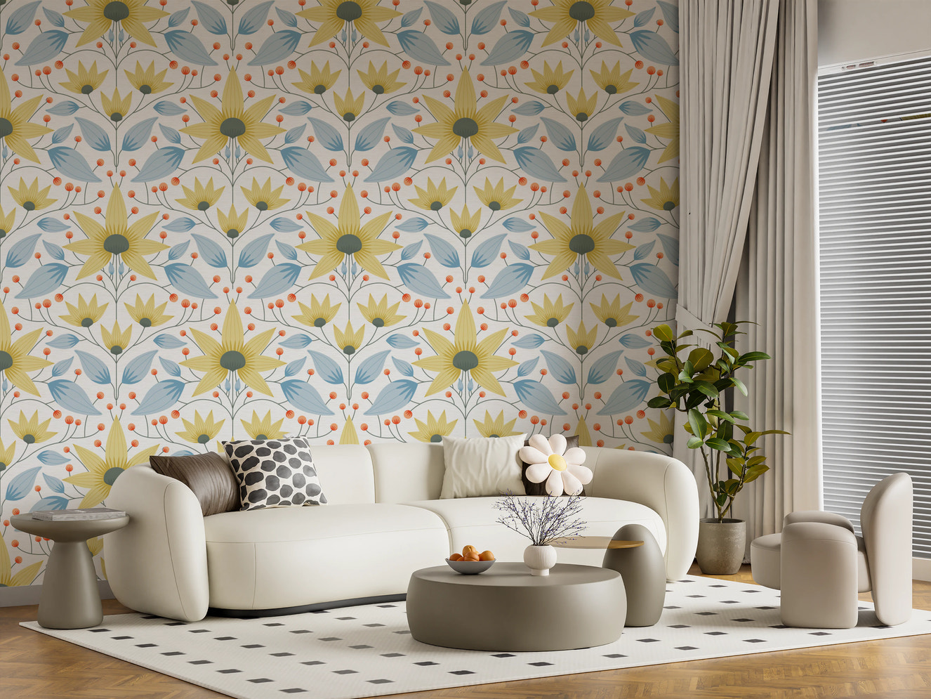 Pale Bloom Symphony Wallpaper with muted pink flowers for bedroom walls