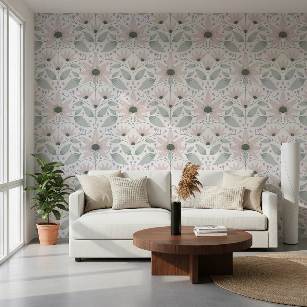 Detailed botanical wall mural with a white textured background and petals