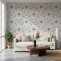 Detailed botanical wall mural with a white textured background and petals