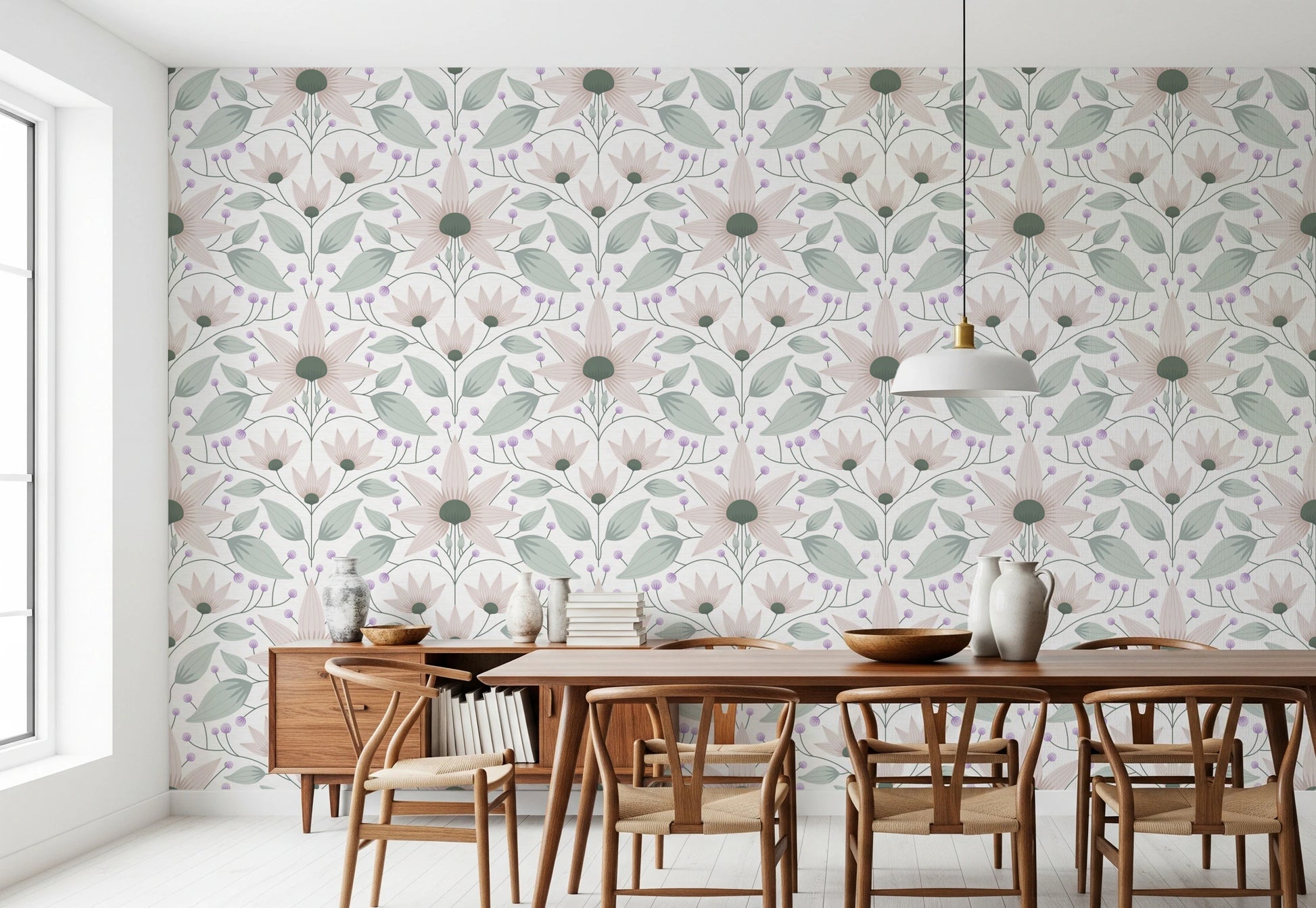 Bloom Symmetry boho Wallpaper for stylish apartment living space walls