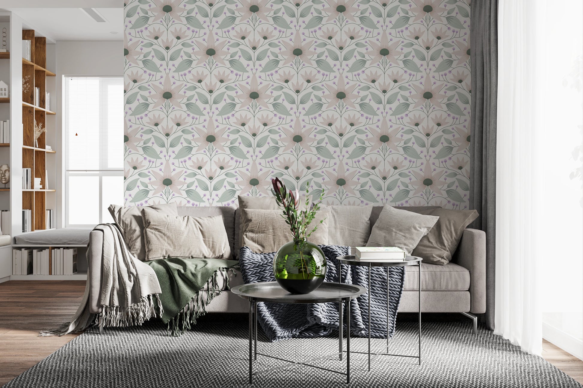 Boho style wallpaper with a balanced botanical pattern for bedroom walls