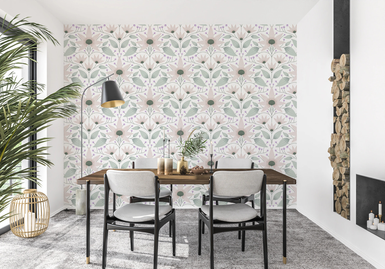 Bloom Symmetry boho Wallpaper with muted pink flowers for living rooms