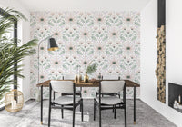 Bloom Symmetry boho Wallpaper with muted pink flowers for living rooms