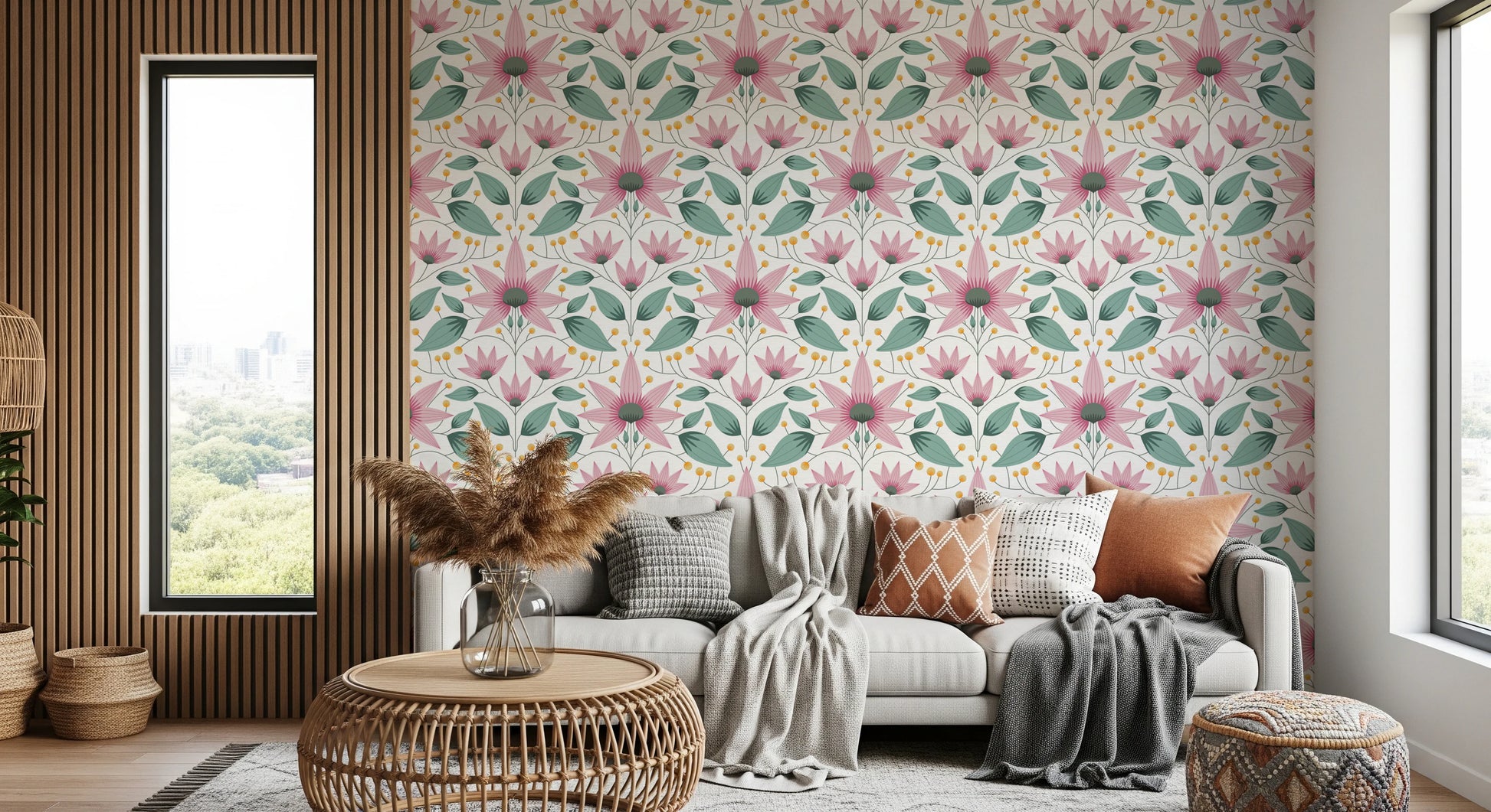 Symmetrical pink flower wall mural for a modern living room