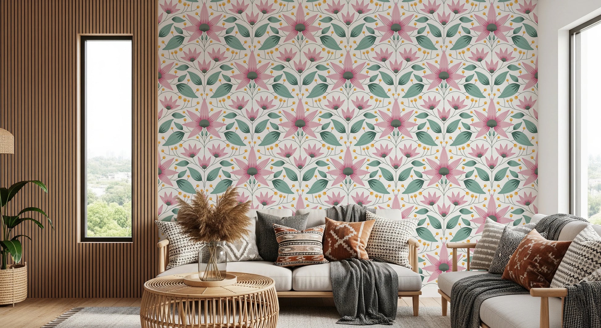 Blossom Symmetry pink Wallpaper with floral patterns for bedrooms