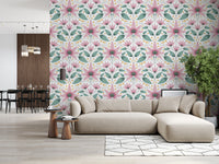 Symmetrical pink flower wallpaper for a contemporary hallway