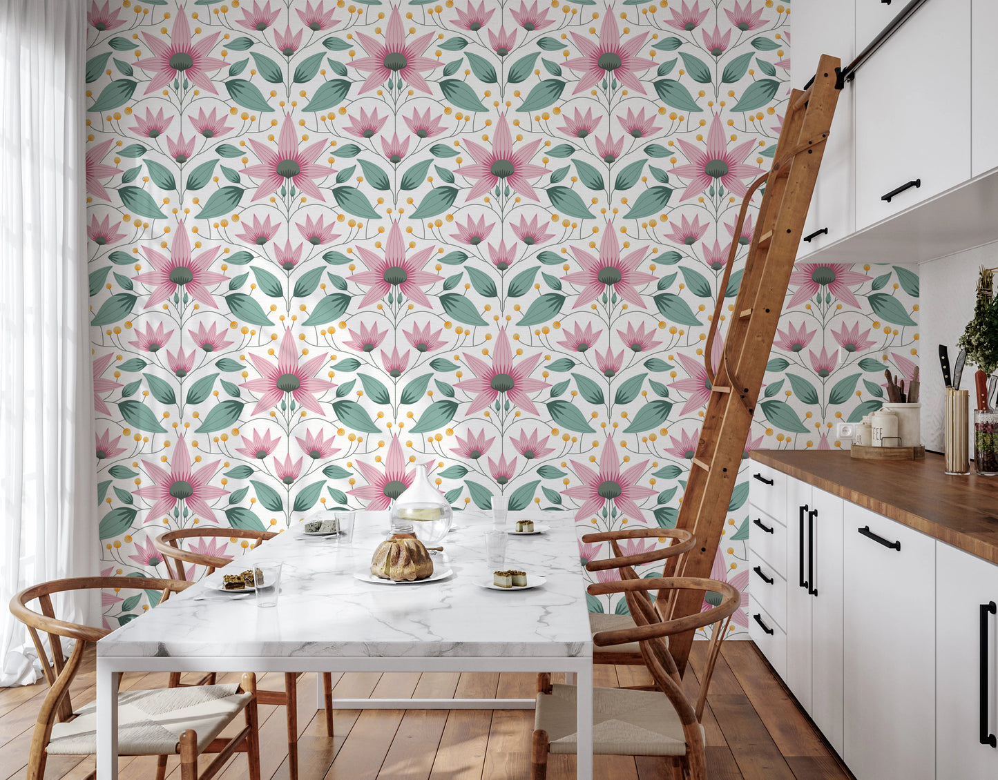 Artistic floral wall mural with green foliage and pink blooms