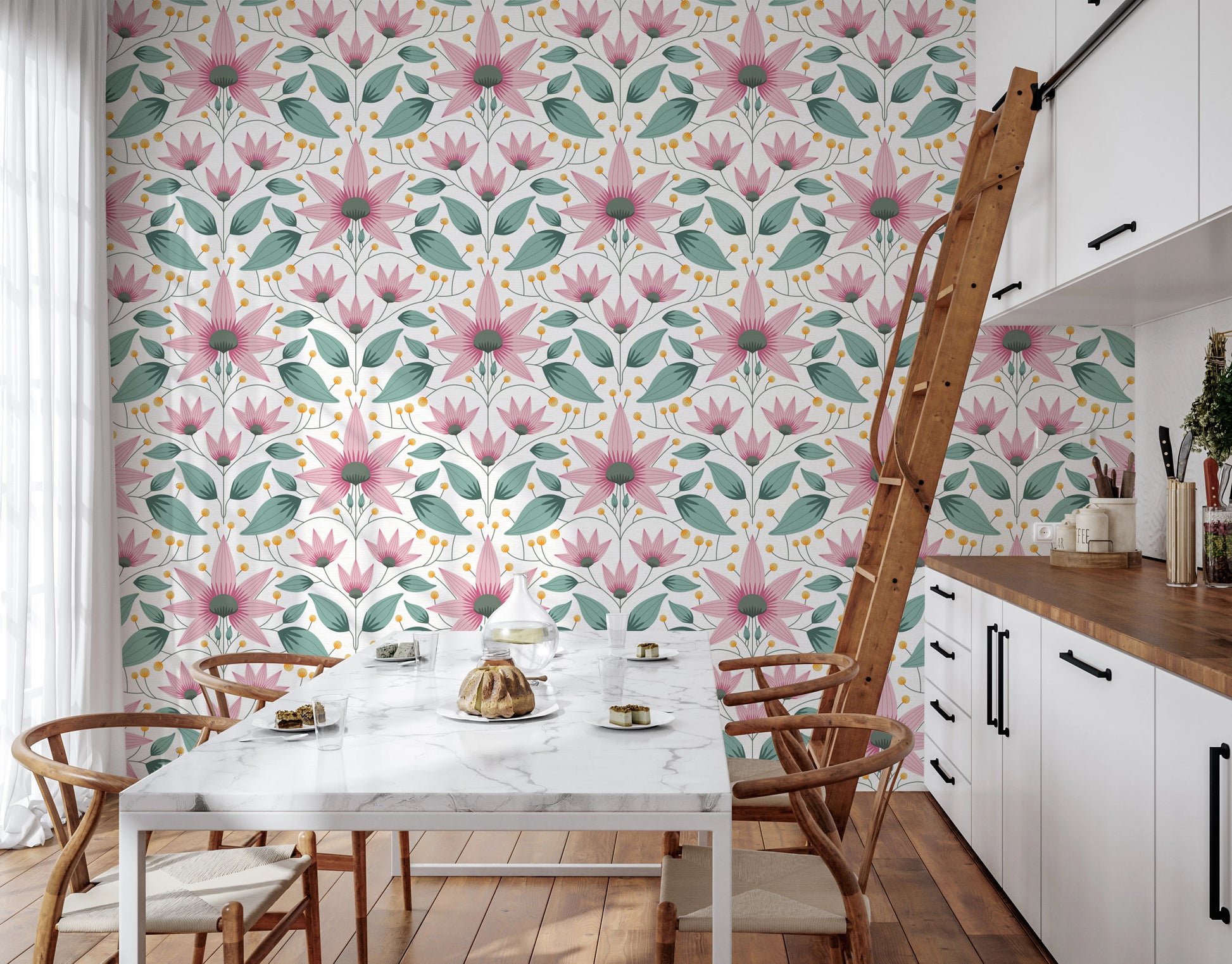 Artistic floral wall mural with green foliage and pink blooms