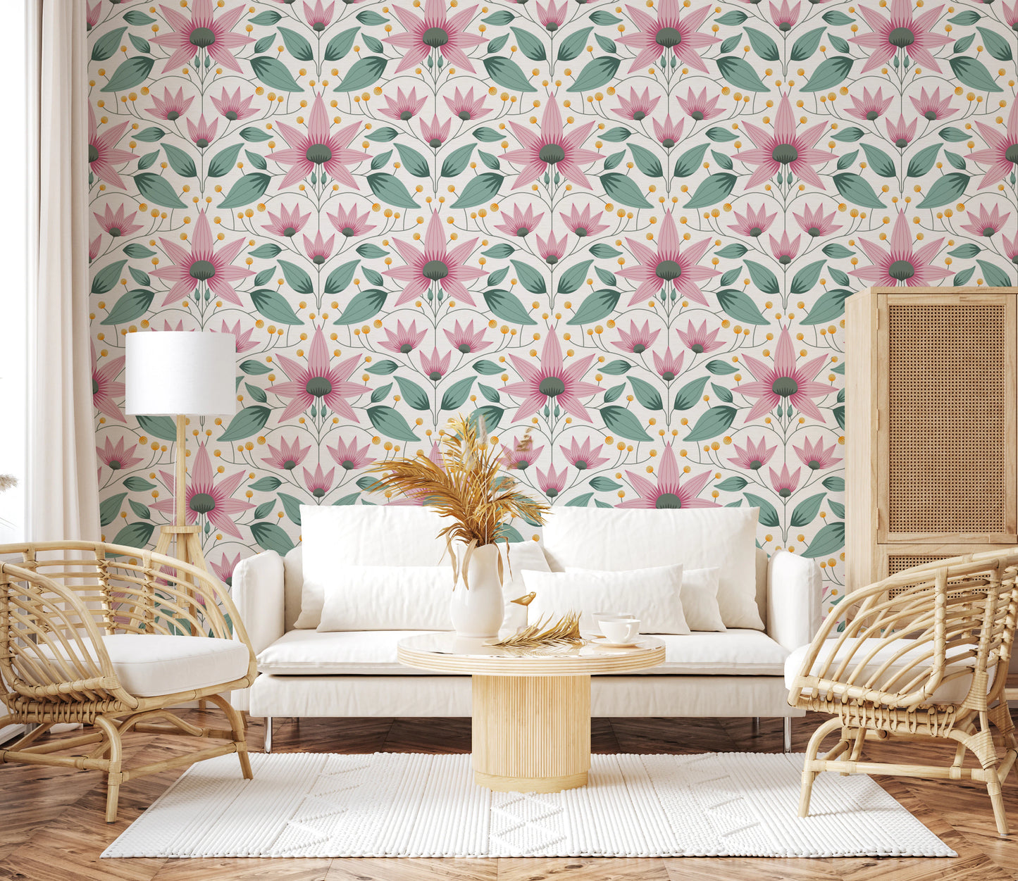 Floral wallpaper featuring pink petals and green leaves design