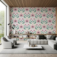 Minimalist wall mural with pink blossoms and yellow accents