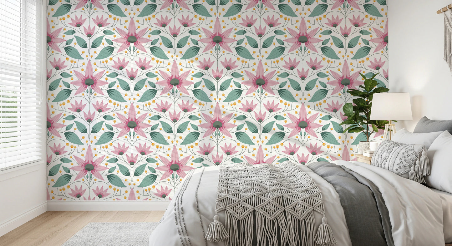 Balanced botanical wall mural with pastel pink flower motifs