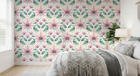 Balanced botanical wall mural with pastel pink flower motifs