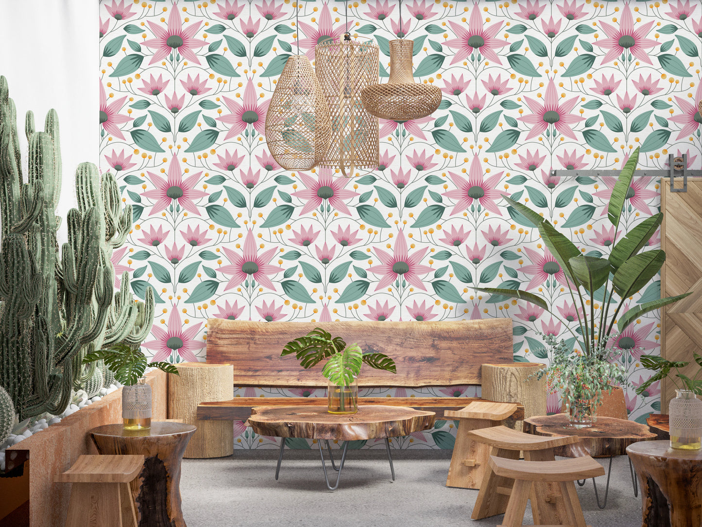 Modern pink floral wallpaper for a home office feature wall