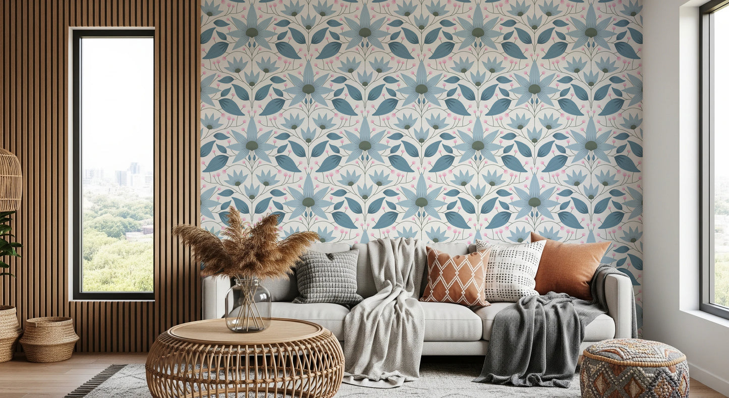 Floral Symmetry Blue Wallpaper for sophisticated hallway styling