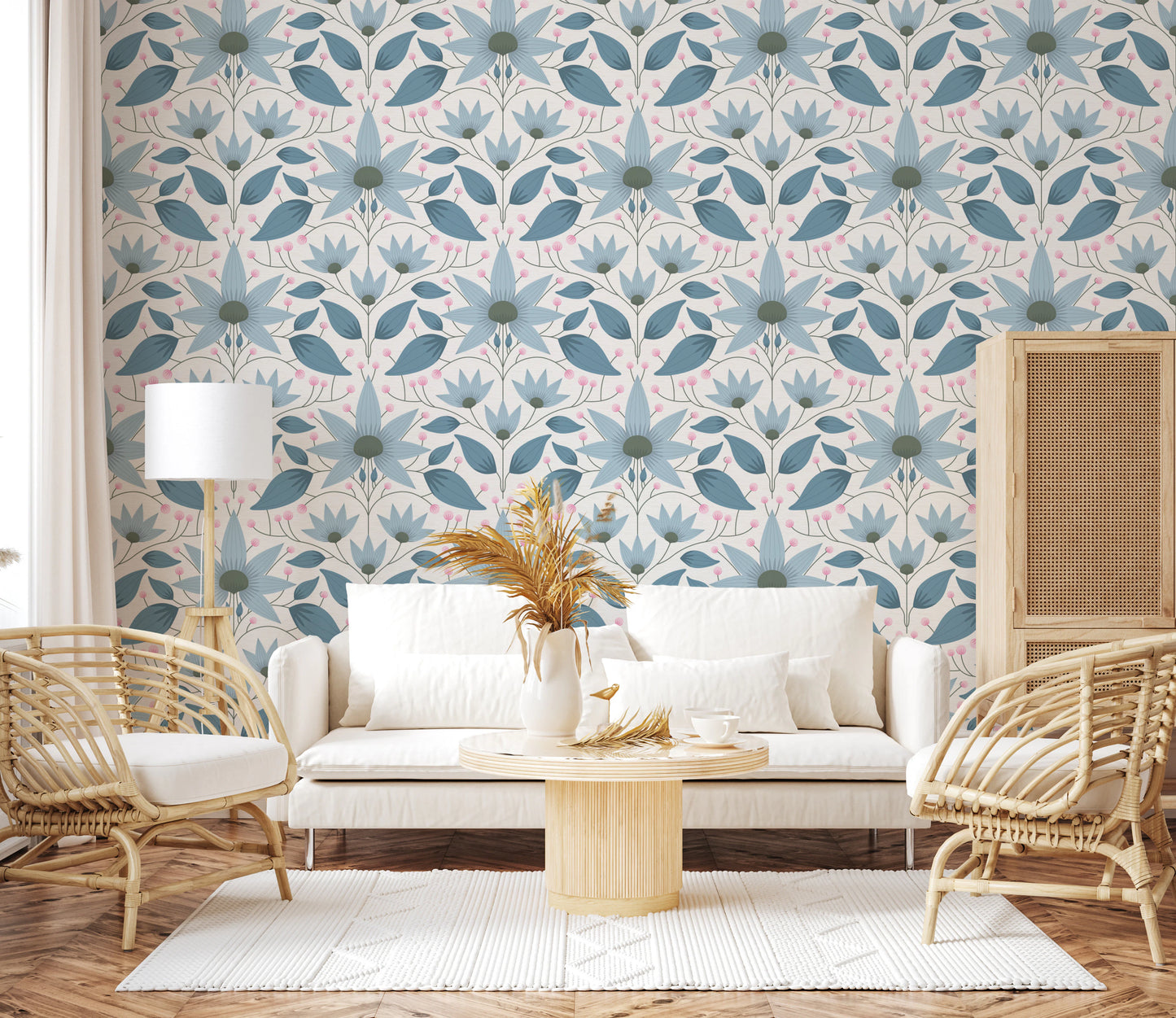 Blue and pink flower wallpaper for luxury apartment wall decor