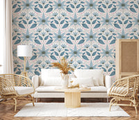 Blue and pink flower wallpaper for luxury apartment wall decor