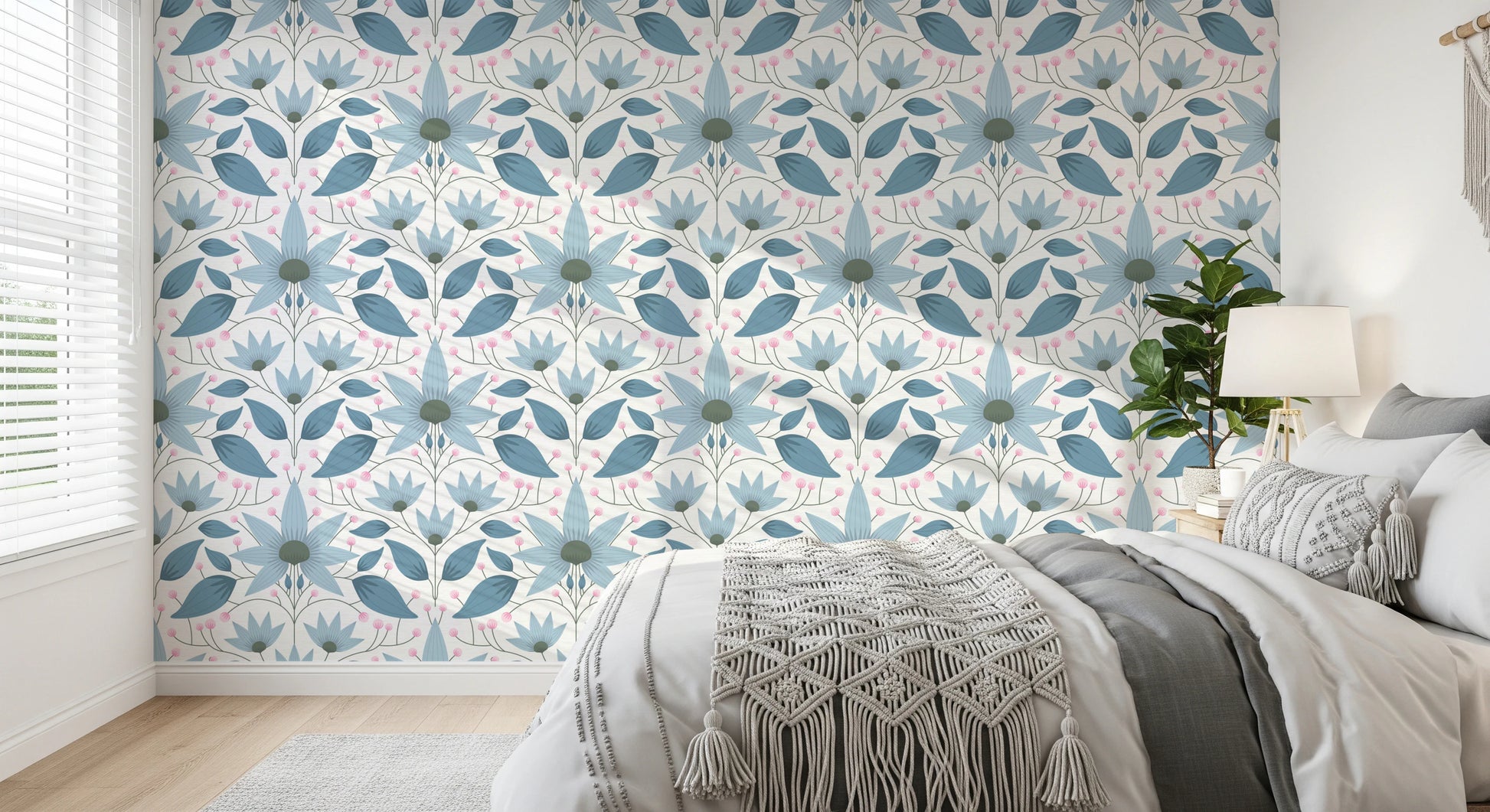 Floral Symmetry Blue Wallpaper featuring elegant leaf motifs