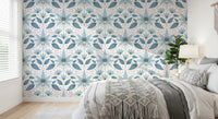 Floral Symmetry Blue Wallpaper featuring elegant leaf motifs