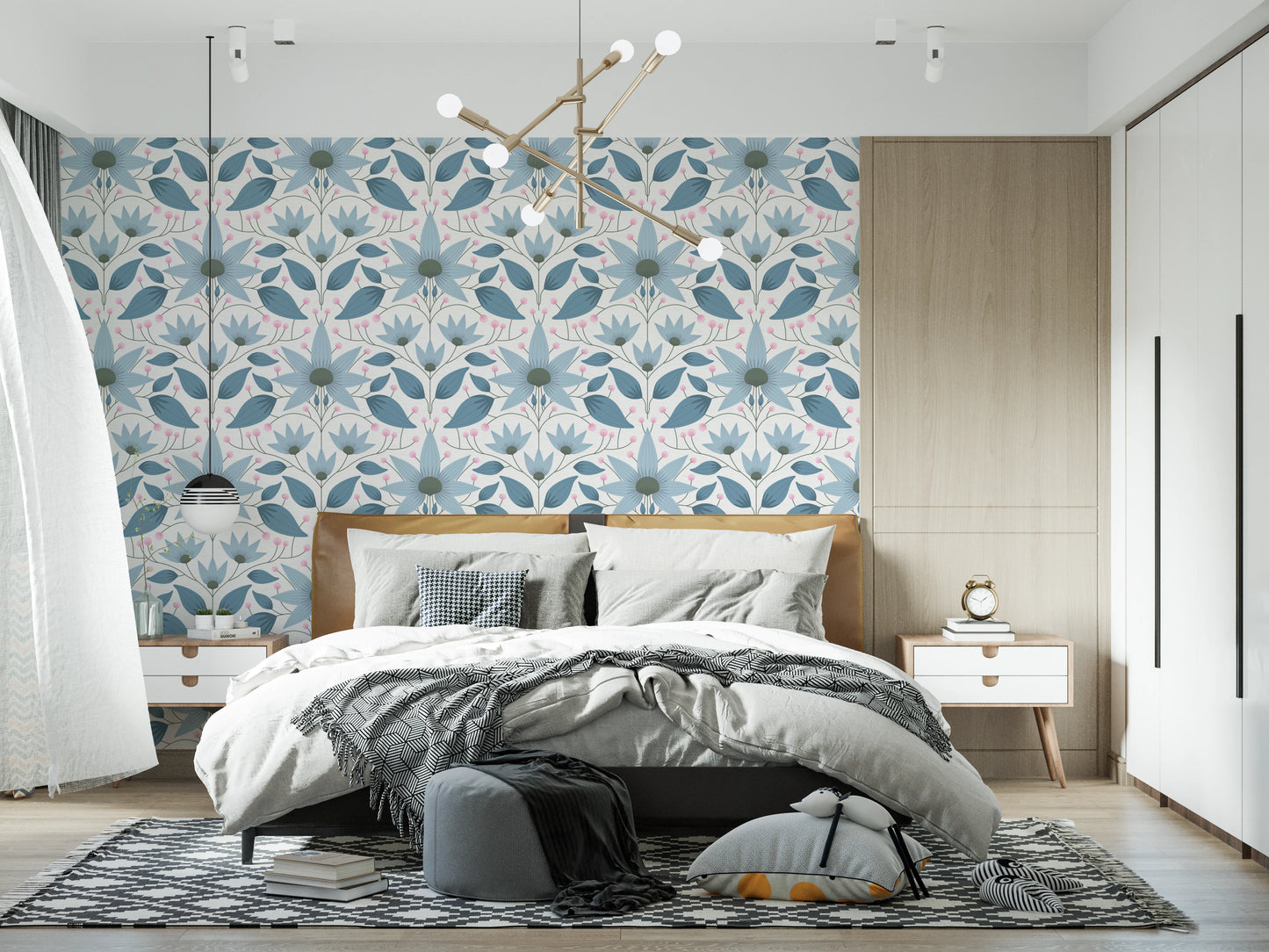 Symmetrical floral design wall mural for minimalist interiors