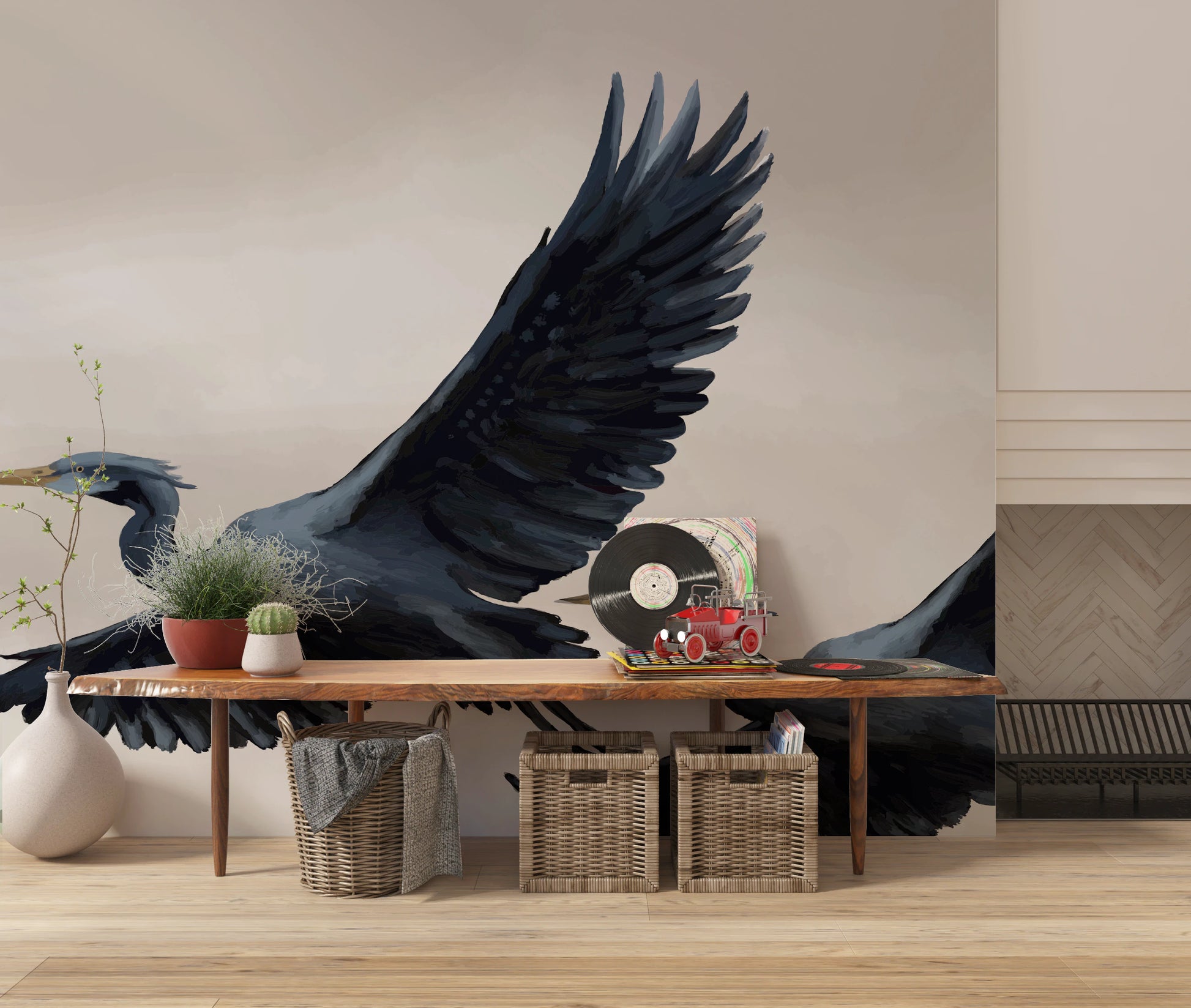Indigo and slate blue bird wall mural for bedroom feature walls