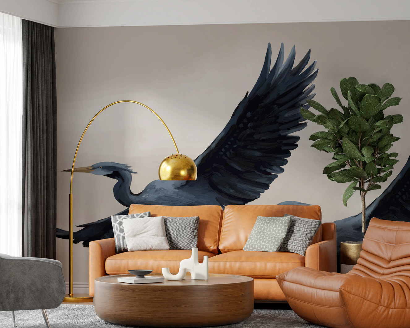 Migrating Herons Oil Painting Wall Mural with blue birds in flight