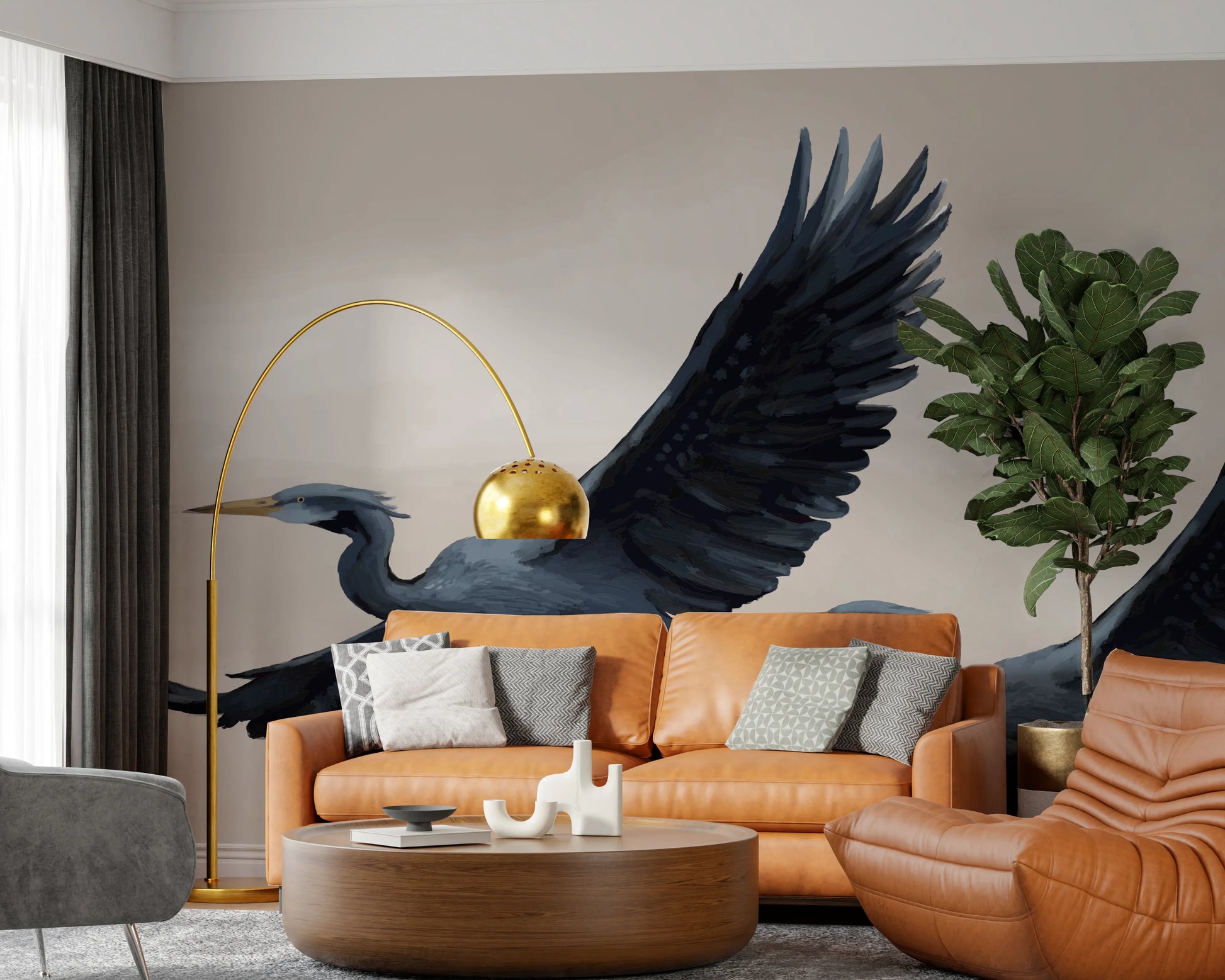 Migrating Herons Oil Painting Wall Mural with blue birds in flight