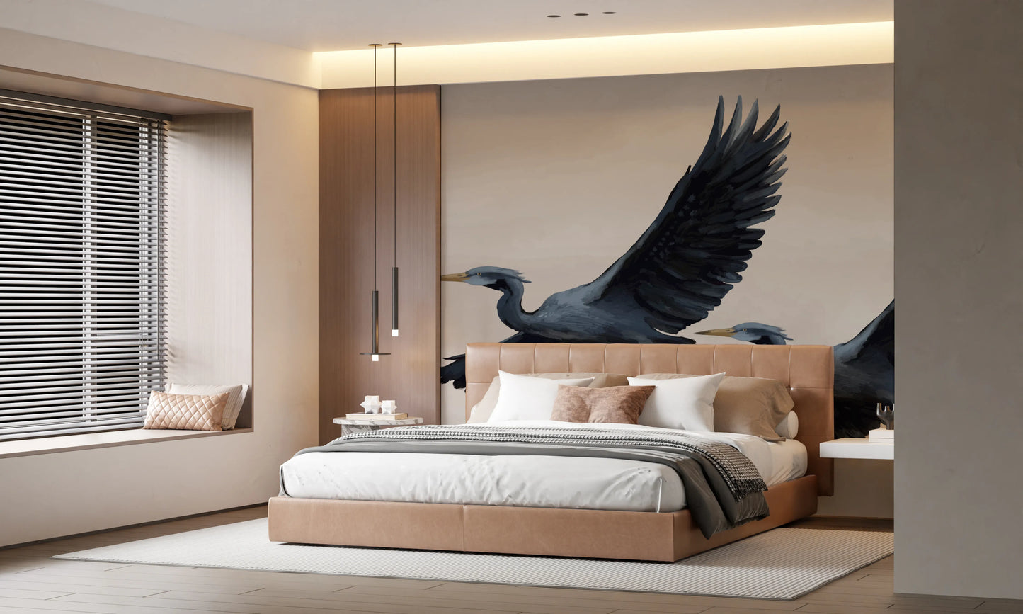 Painterly bird landscape wallpaper for quiet lounge spaces