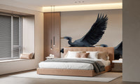 Painterly bird landscape wallpaper for quiet lounge spaces