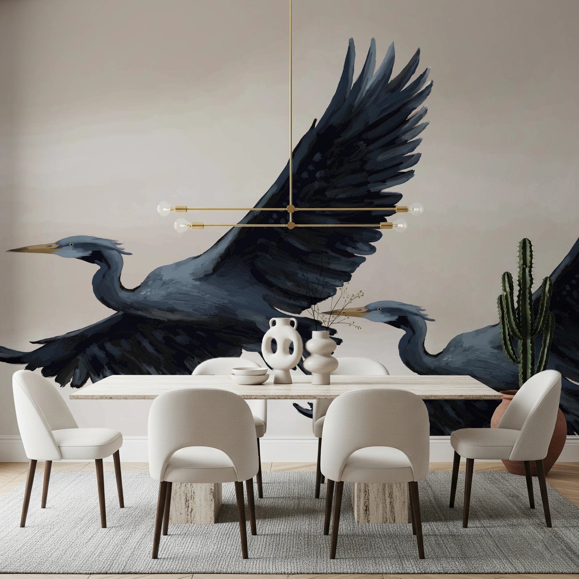 Artistic heron bird wallpaper for peaceful living room decor