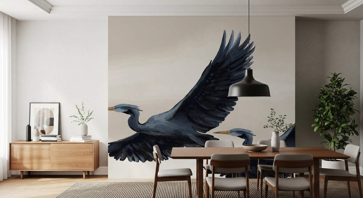 Blue heron wall mural for luxury apartment interior design
