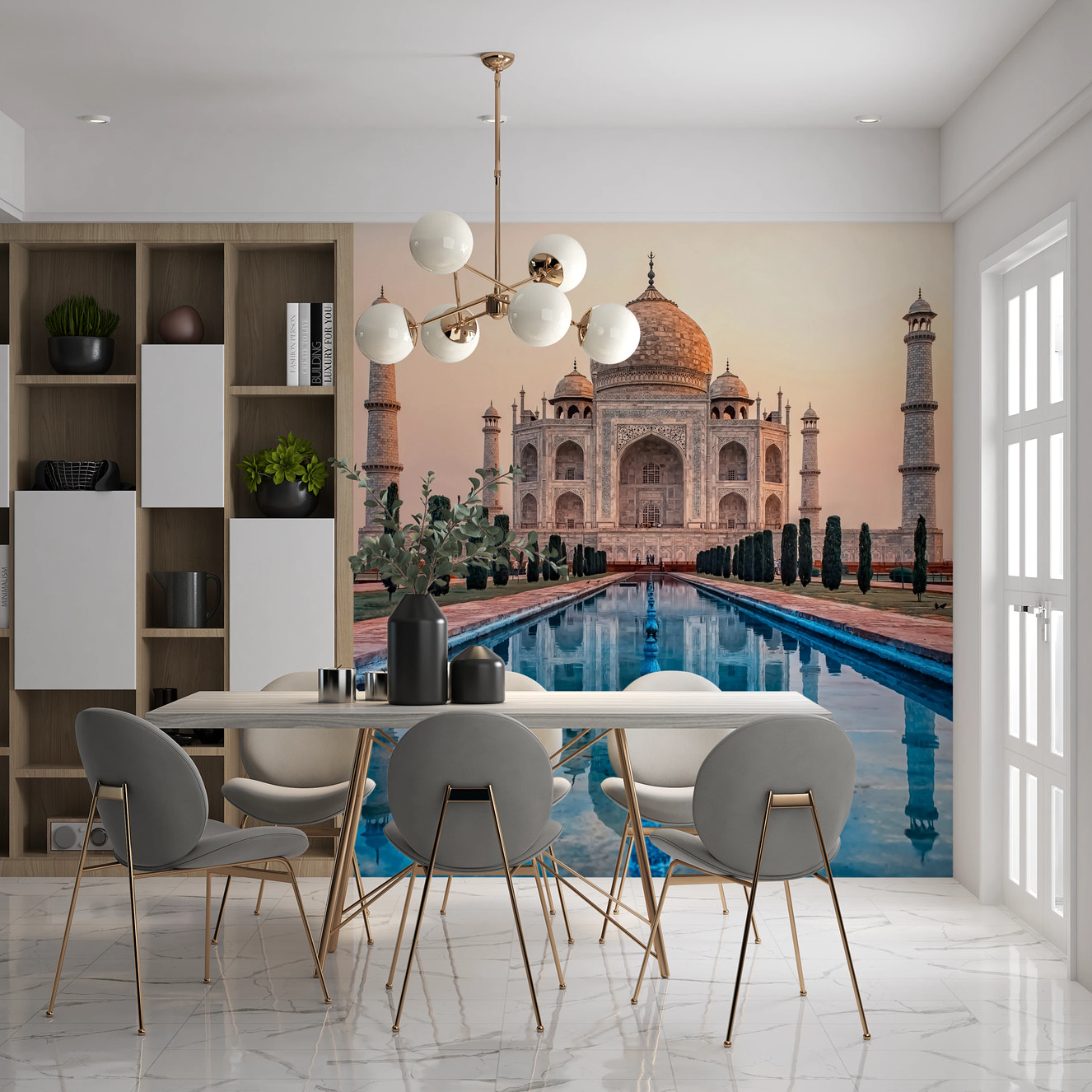 Taj Reflection Wall Mural with symmetrical monument reflection