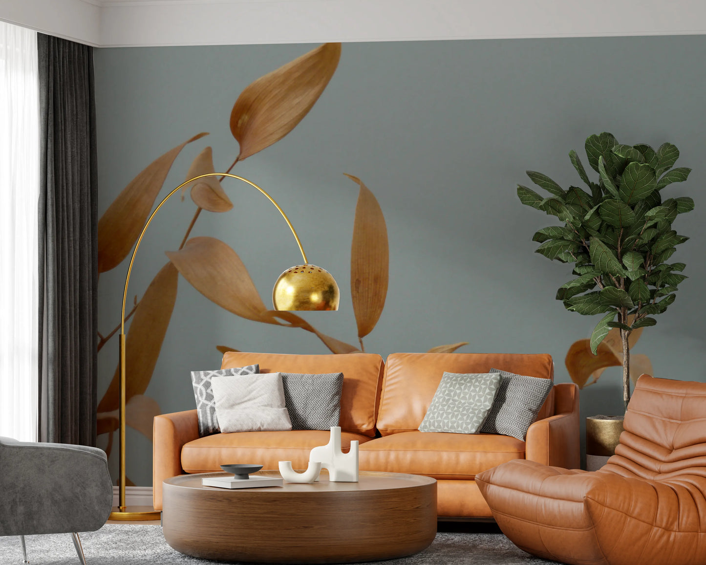 Neutral blue background wallpaper with amber leaf art.