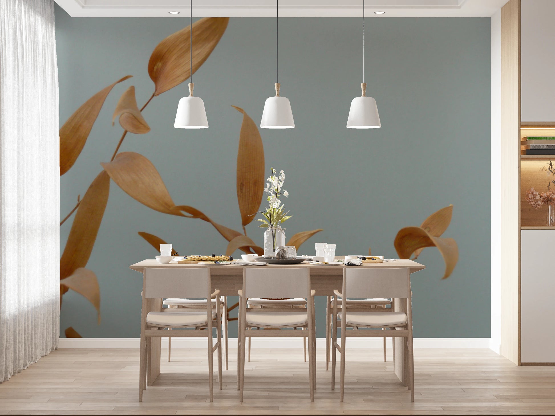 Botanical theme wall mural for a quiet study interior.