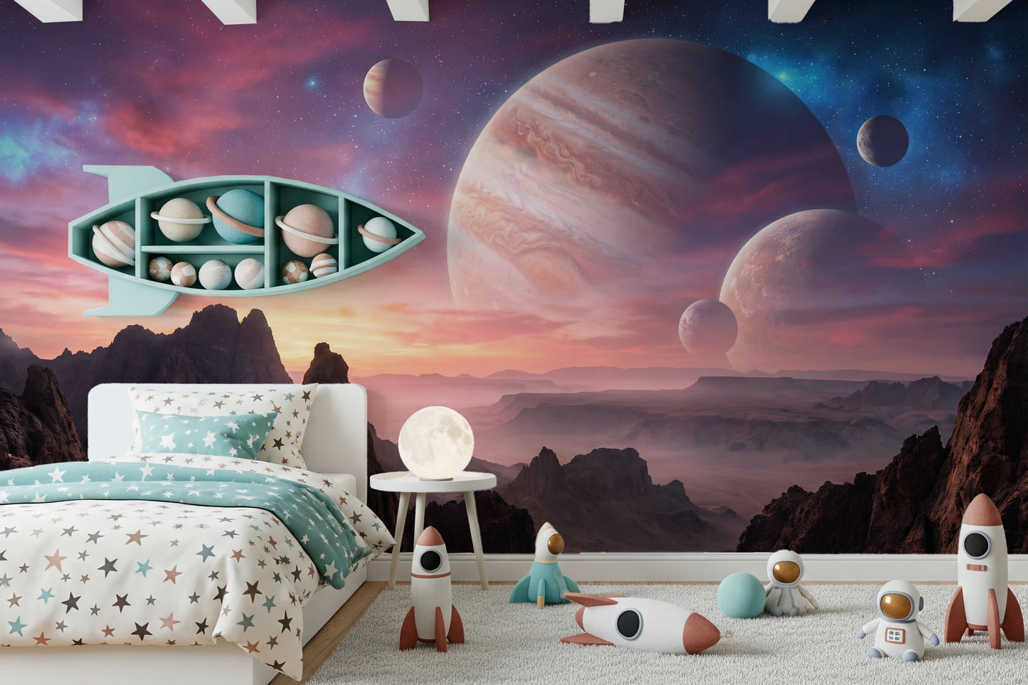 Large planet wallpaper for a themed home cinema room.