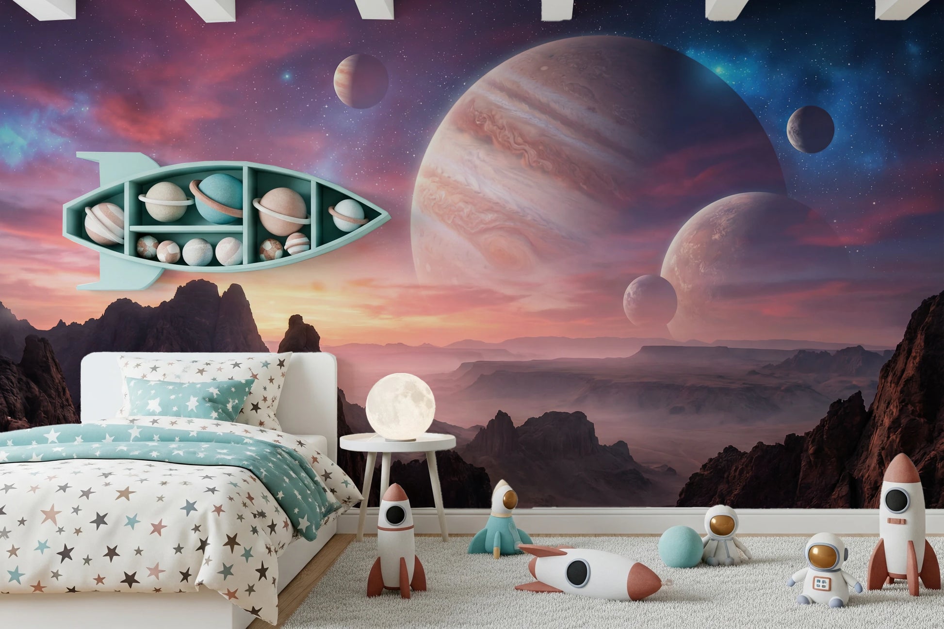 Large planet wallpaper for a themed home cinema room.