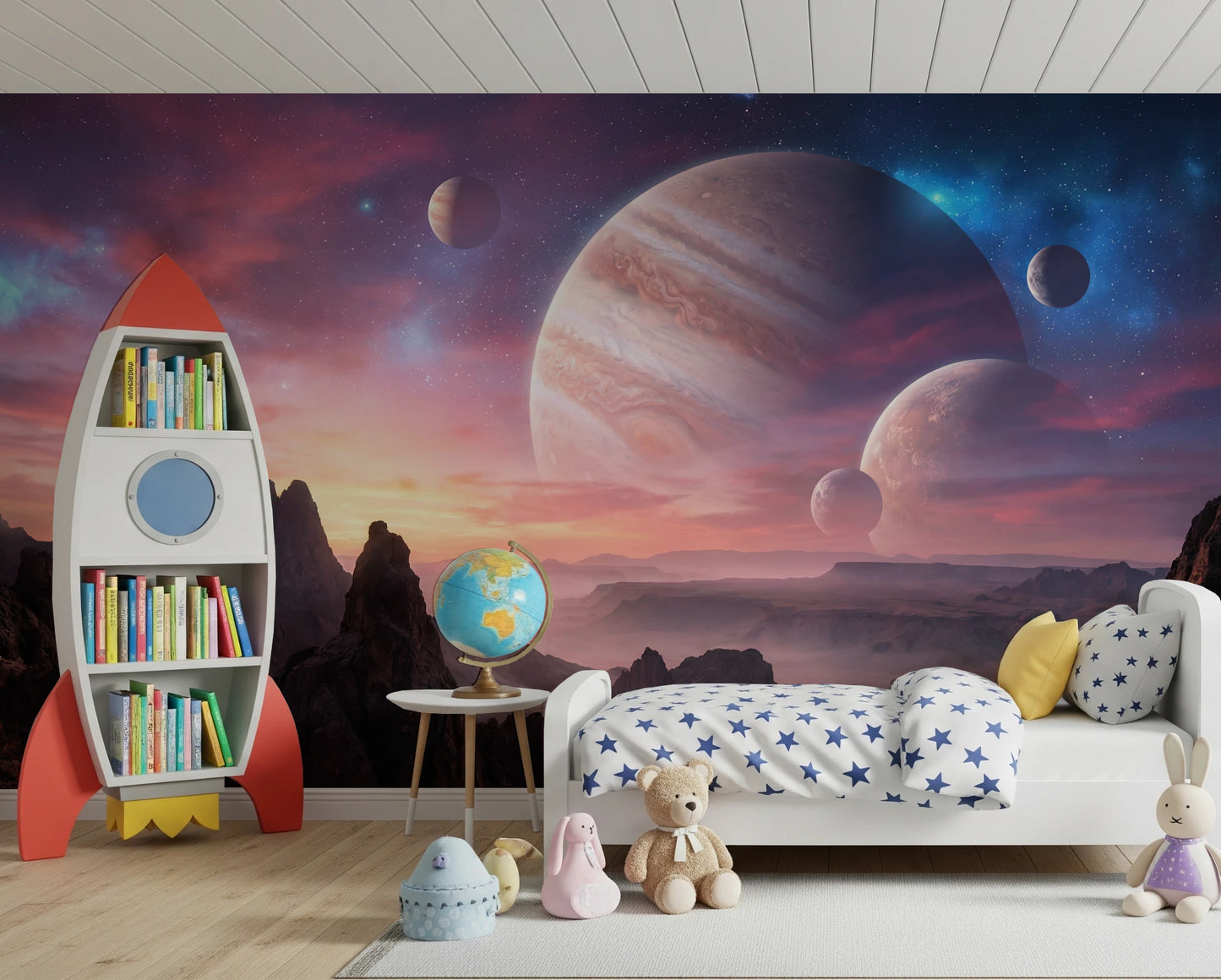 Vibrant space wall mural for creative studio interiors.