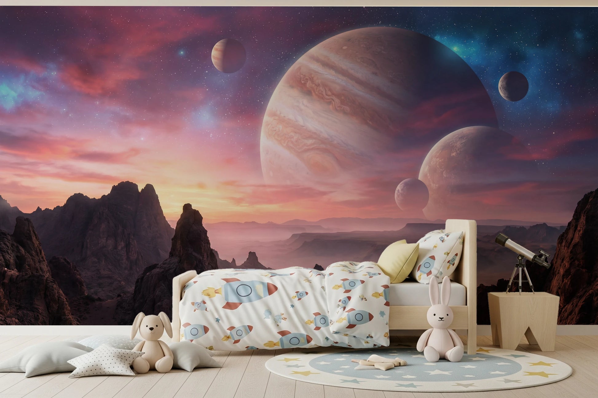 Dark sci-fi wall mural for a tech focused feature wall.