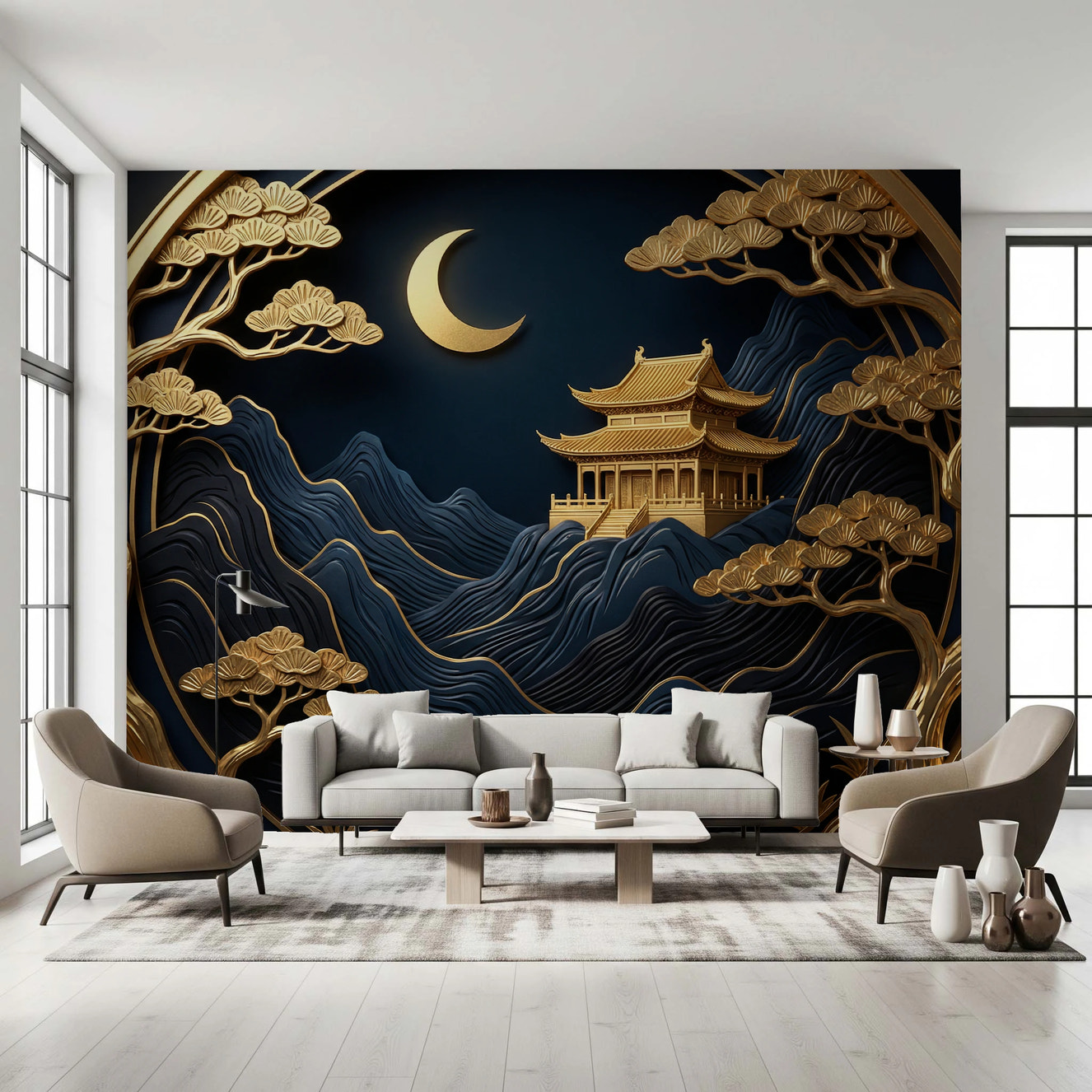 Golden Lunar Temple Wall Mural for living room.