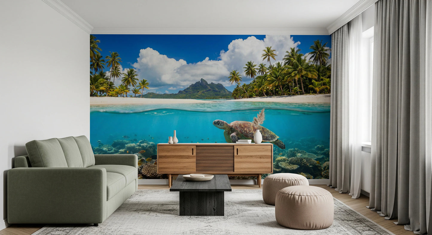 Exotic island beach wall mural for a lounge feature wall.