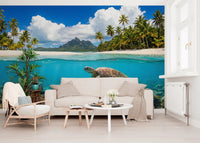 Tropical beach and ocean wallpaper for a modern office.