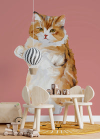 Handpainted furry cat wallpaper on pink background.