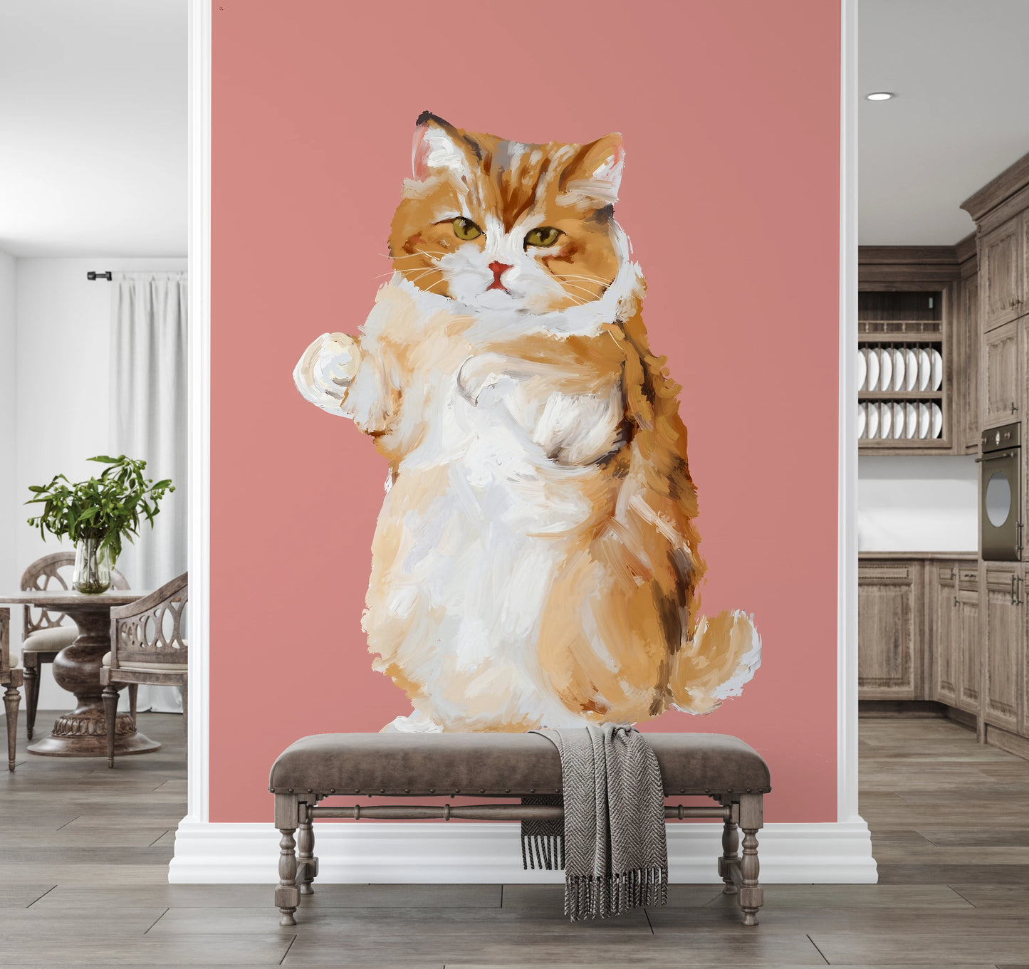 Pink background cat wall mural for modern home styling.