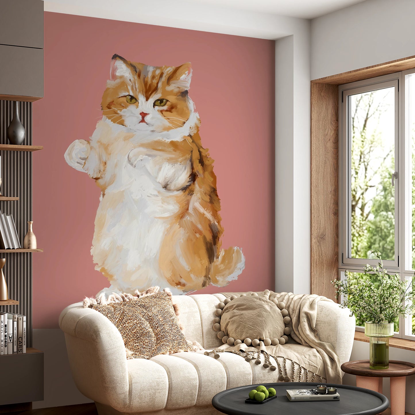Whimsical pet portrait wallpaper for living spaces.