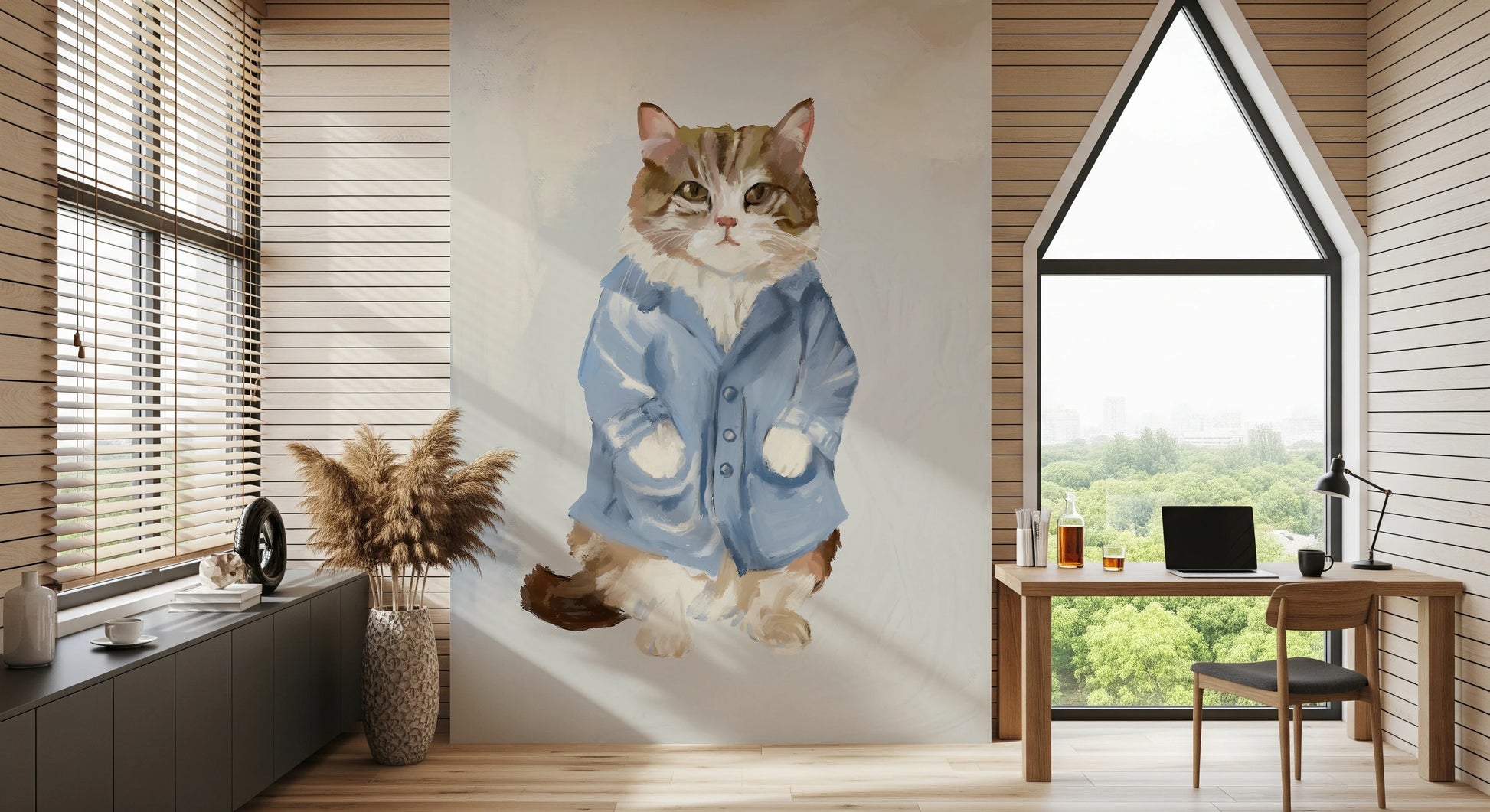 Artistic cat oil painting wall mural for study rooms.