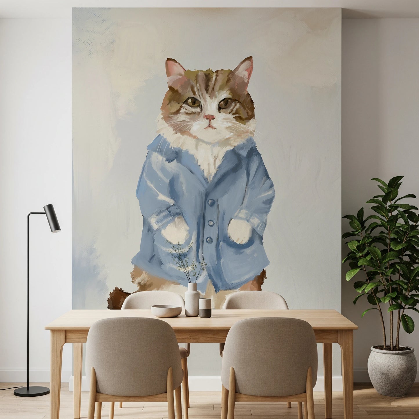 Cute cat in blue coat wall mural for nursery wall decor.