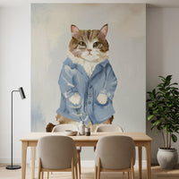 Cute cat in blue coat wall mural for nursery wall decor.