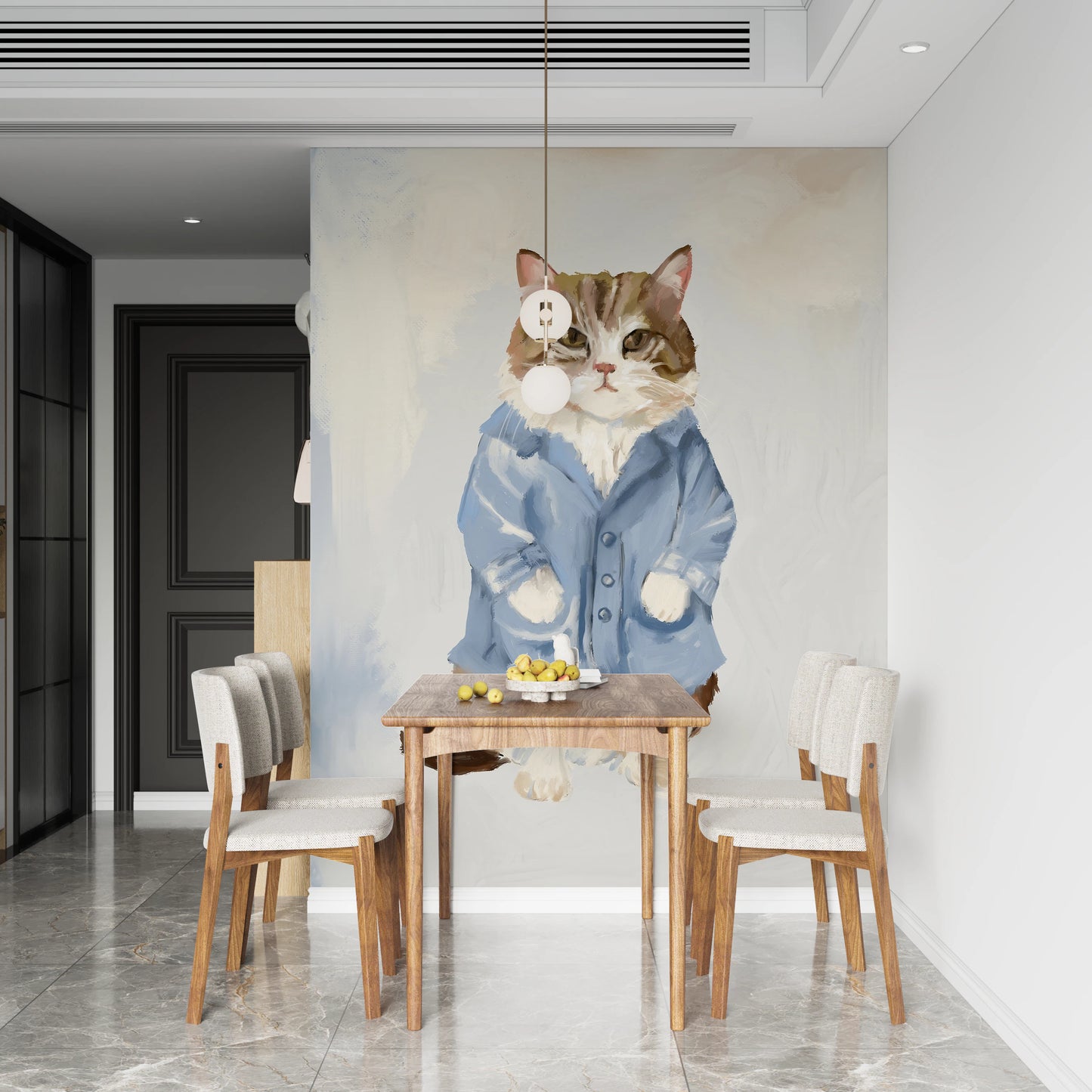 Whimsical pet portrait wall mural for creative spaces.